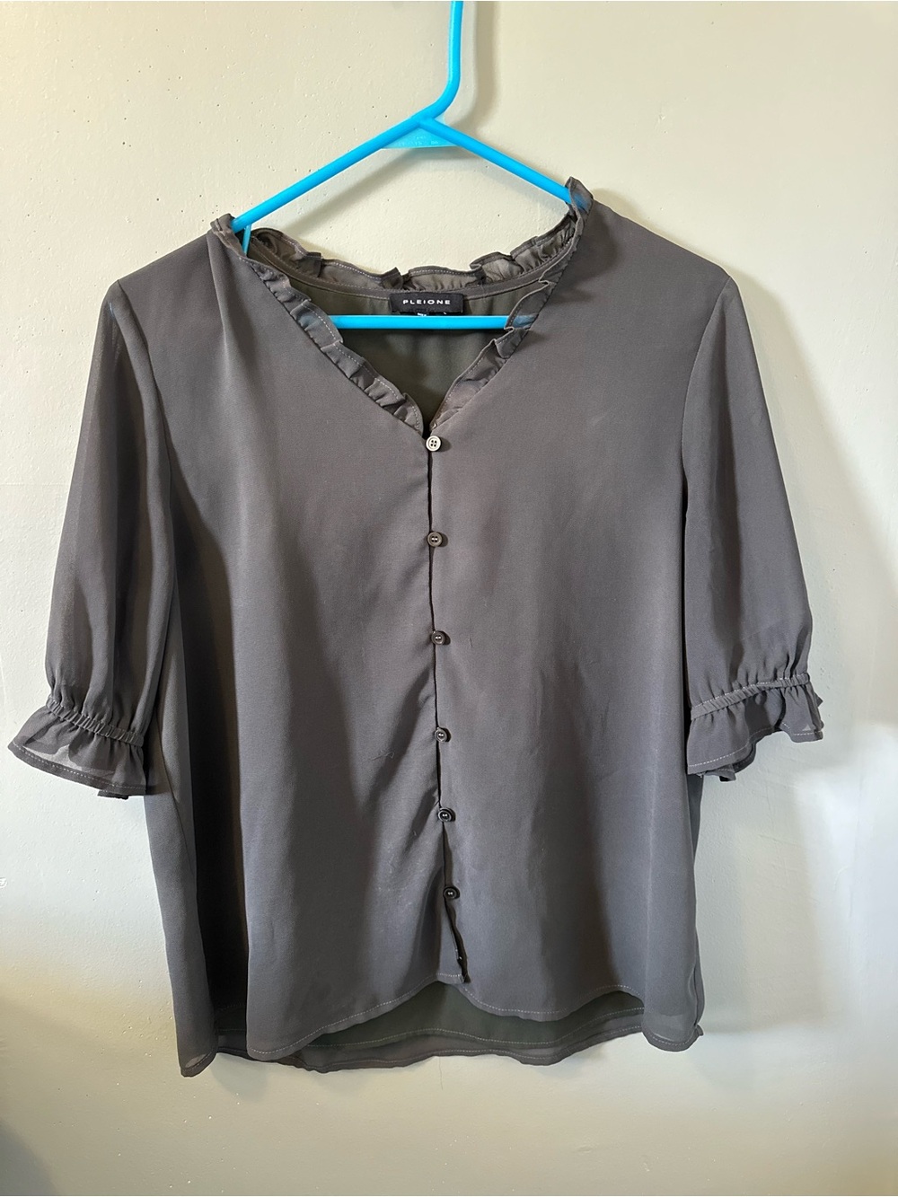 Pleione Charcoal/geeenish? Ruffle-Trim Button Front Blouse